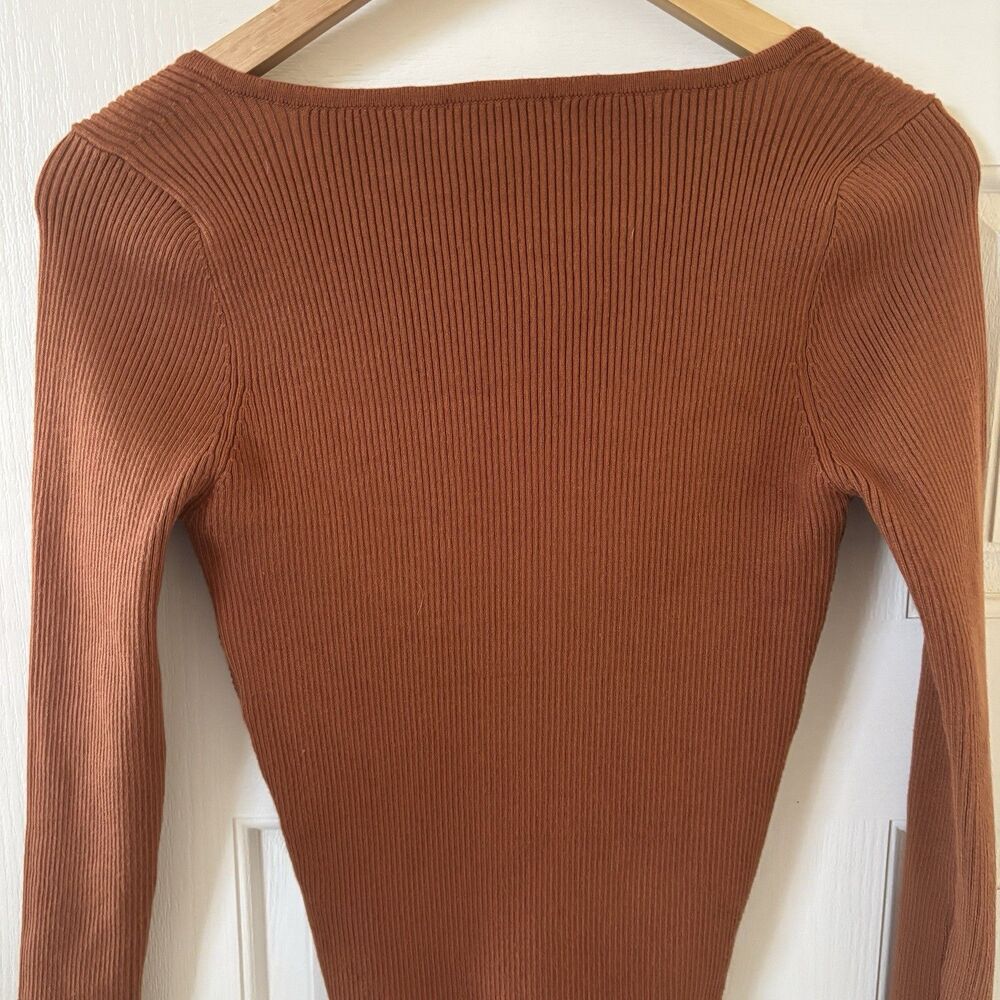 Womens Babydoll Blouse Size Med Brown Ribbed Y2K Bodycon Boho College City Party - Picture 8 of 10